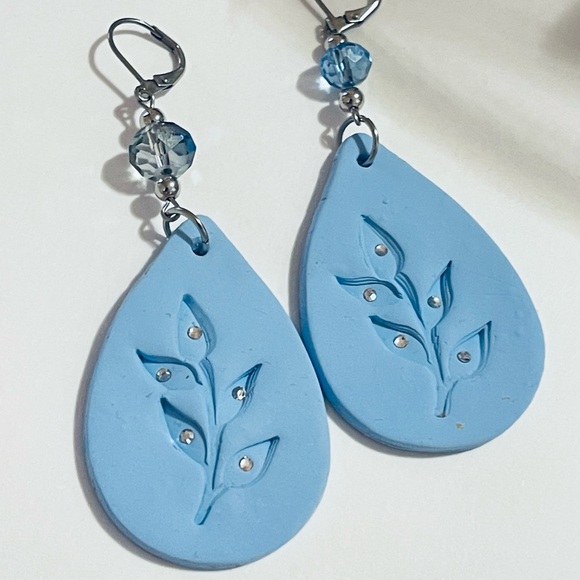 Jewelry - Light Blue Teardrop Leaf Dangle Earrings - Handmade Women Jewelry